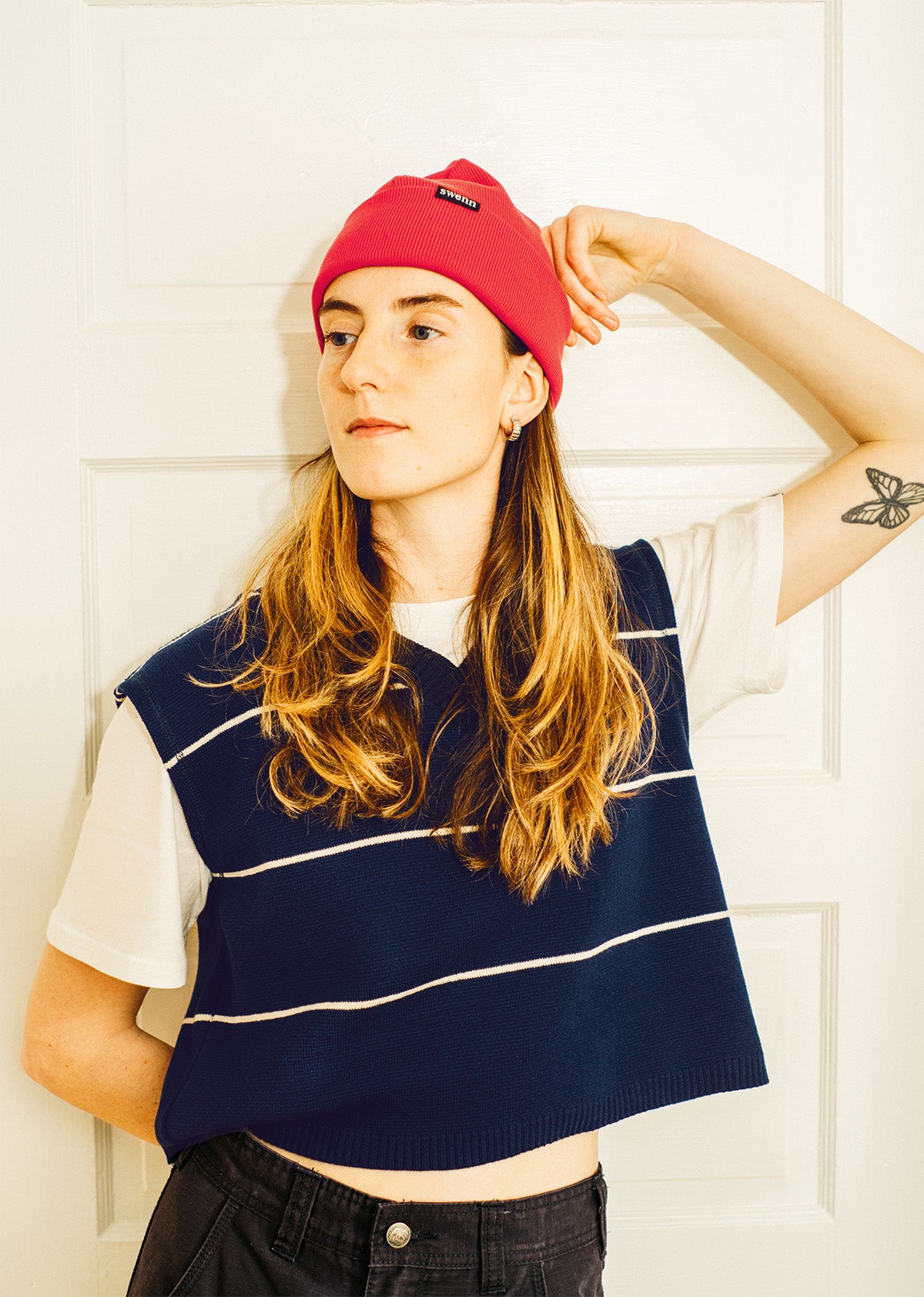 Crop V-neck vest sweater – stripy