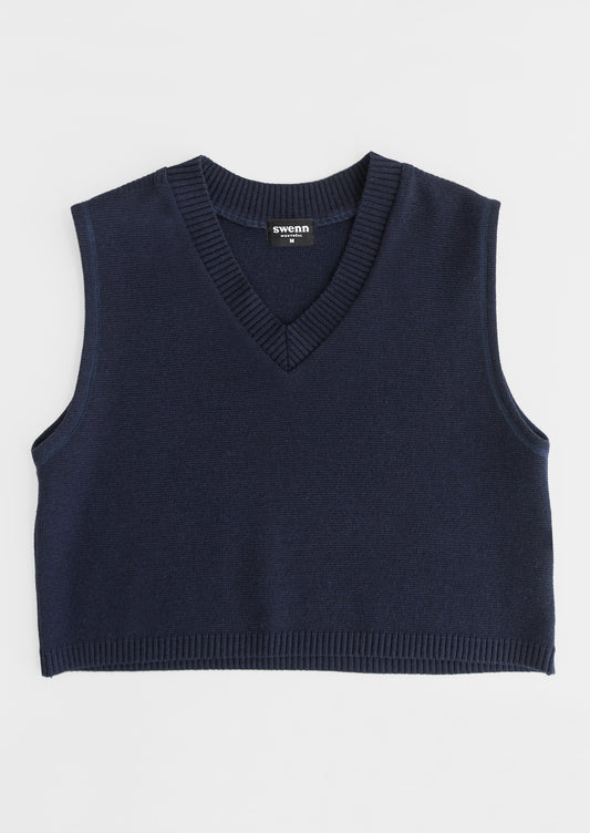 Crop V-neck vest sweater – navy