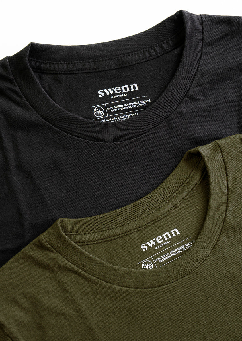 2 t-shirts unis - noir et kaki