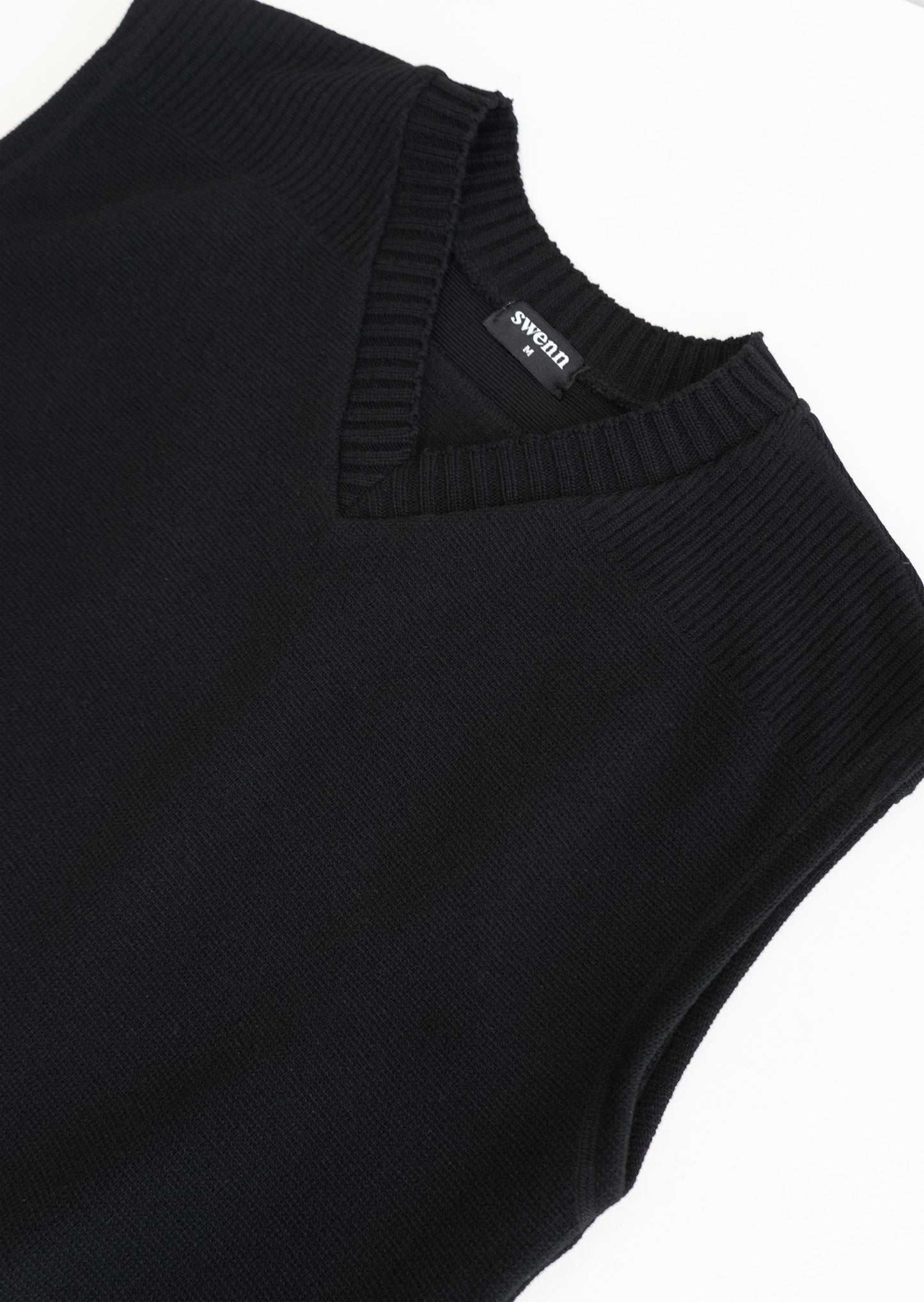 Crop V-neck vest sweater – black