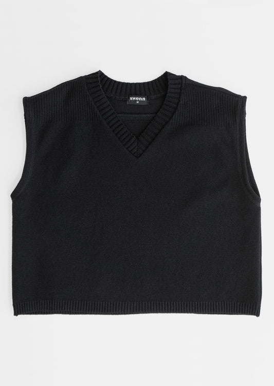 Crop V-neck vest sweater – black