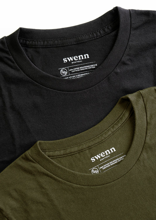 2 t-shirts unis - noir et kaki