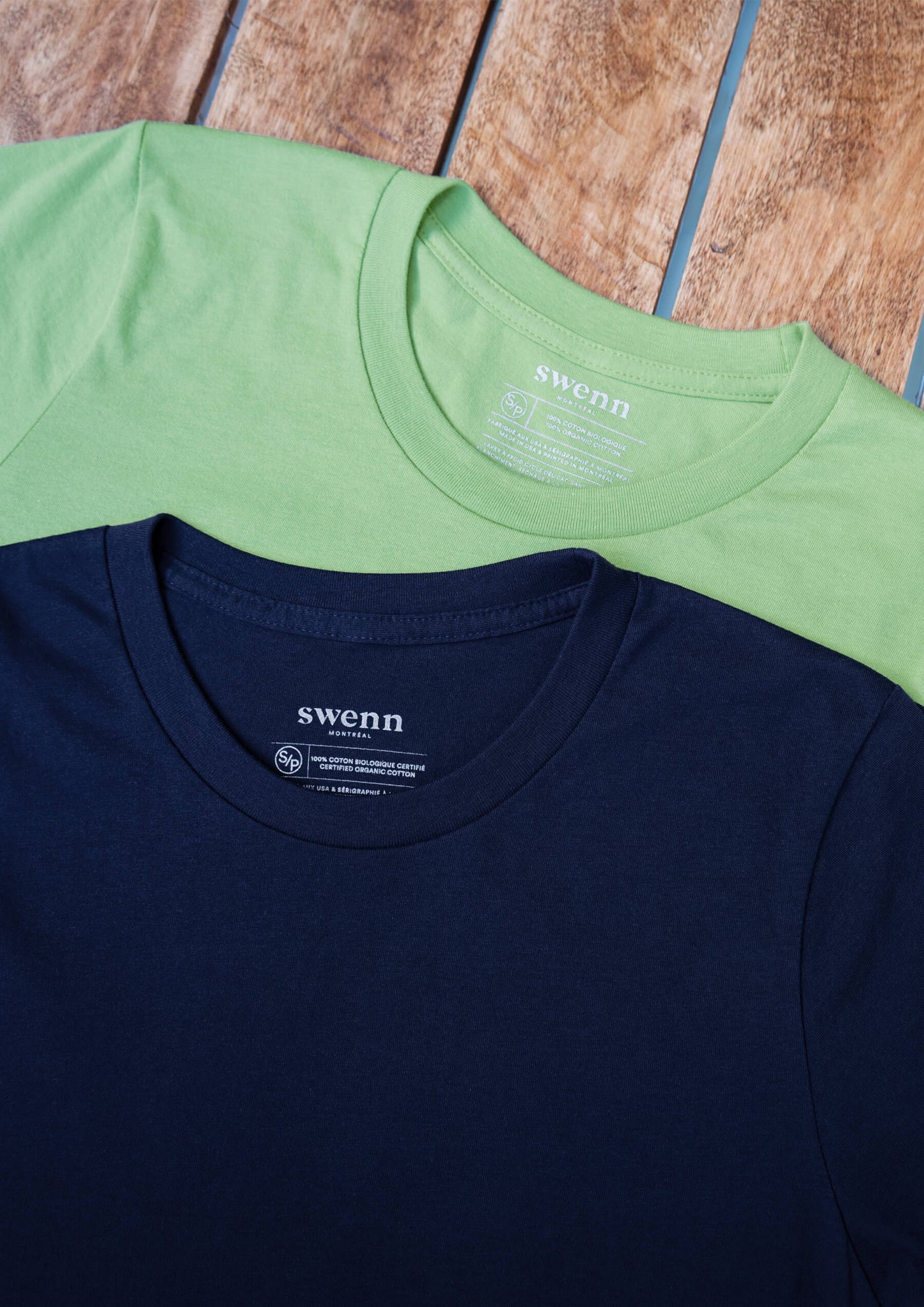 2 t-shirts vert lichen - bleu marine